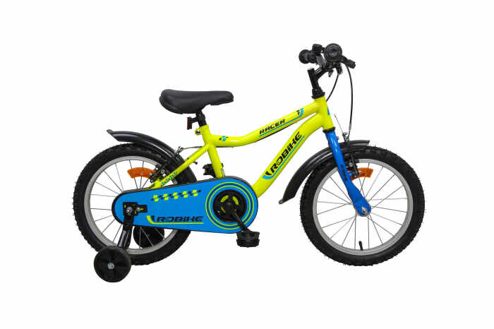 Bicicleta copii Robike Racer 16 Galben Neon Albastru