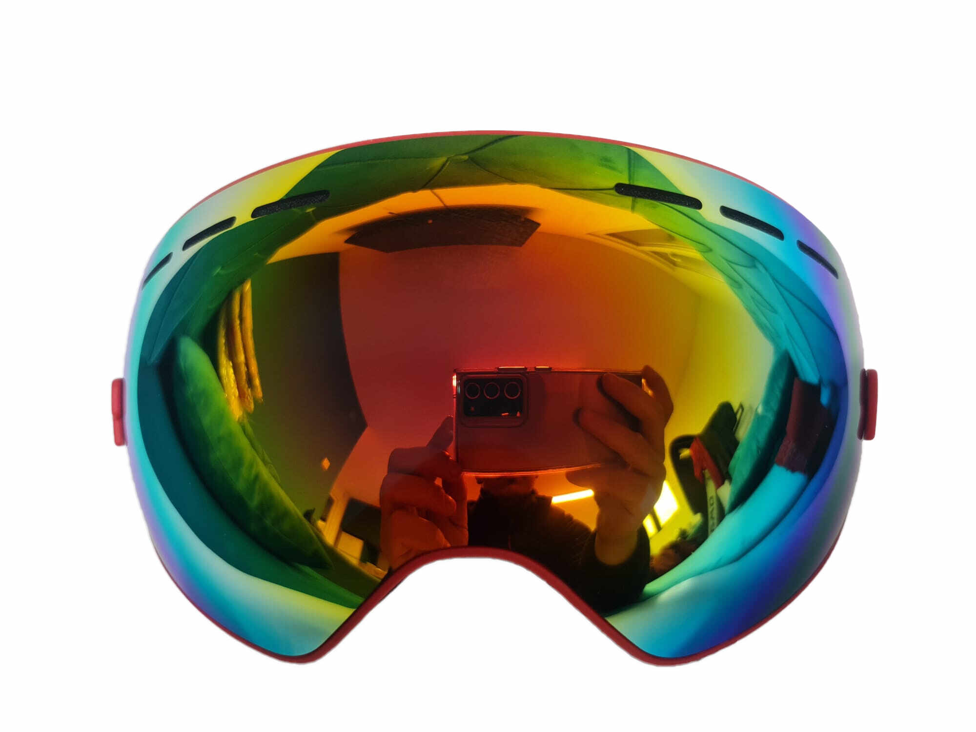 Ochelari ski si snowboard, lentila sferica dubla, demontabila, polarizata, ventilate anti-ceata, oglinda, rosu