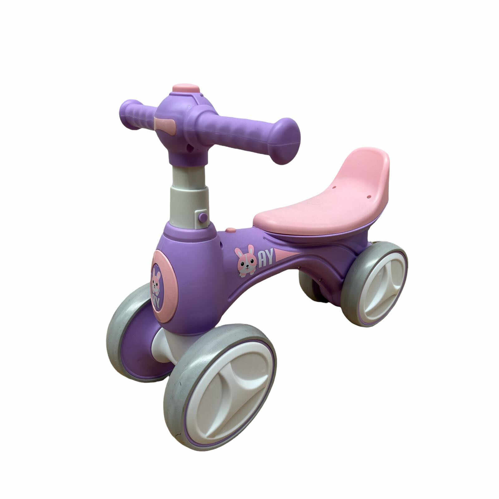 Bicicleta Go Kart fara pedale cu roti silentioase Bunny, pentru copii, culoare mov, cu lumini si baloane de sapun