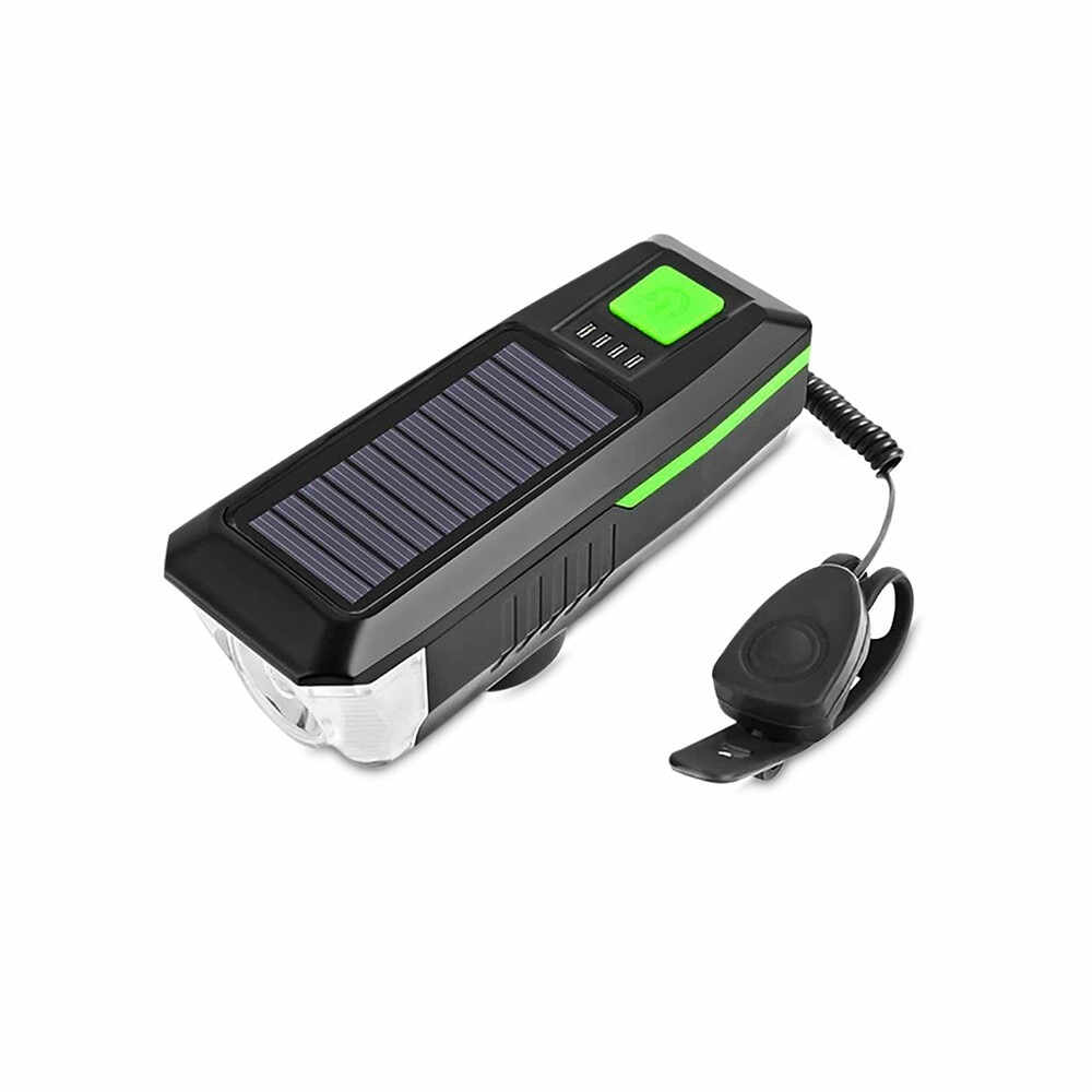 Lampa solara LED bicicleta - cu buton verde, si incarcare la soare, Verde