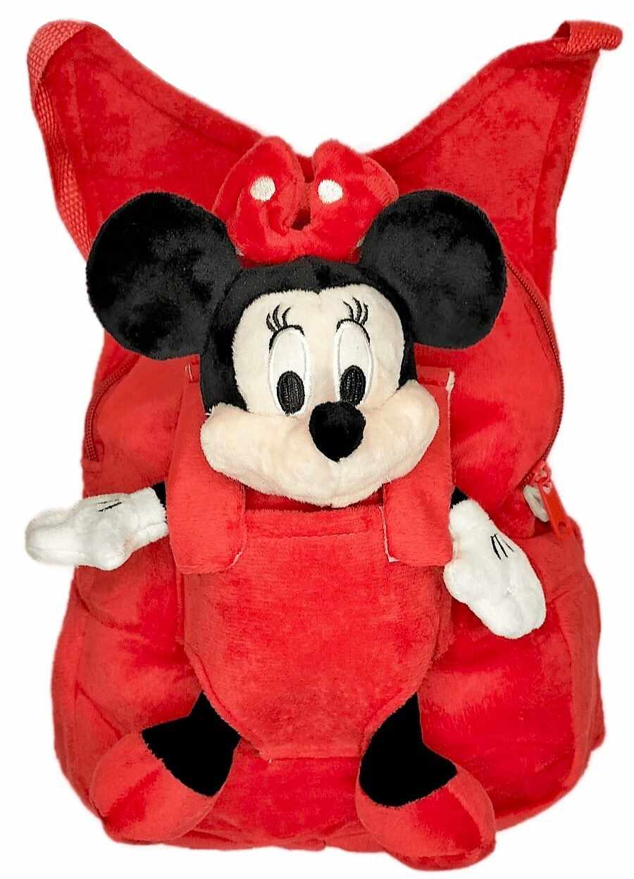 Rucsac din Plus pentru Copii, Model Minnie Mouse, cuPapusa de Plus Detasabila, 33cm, Rosu