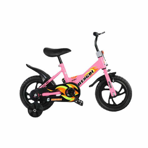 Bicicleta cu roti ajutatoare pentru copii intre 2 si 6 ani, Roz, Pedale si frane, ghidon si sezut reglabil, Roti de 12 inch, Aparatoare spate