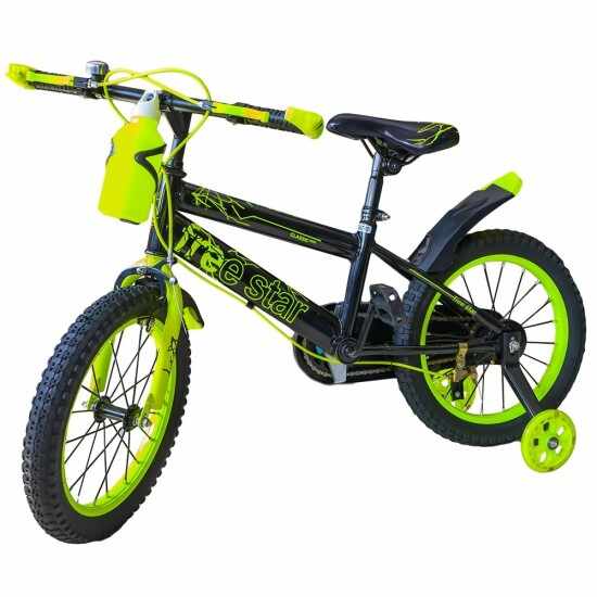 Bicicleta Go kart Best 16 inch, pentru copii cu varsta intre 4-6 ani, roti ajutatoare, aparatoare noroi si suport cu bidon apa, culoare galben