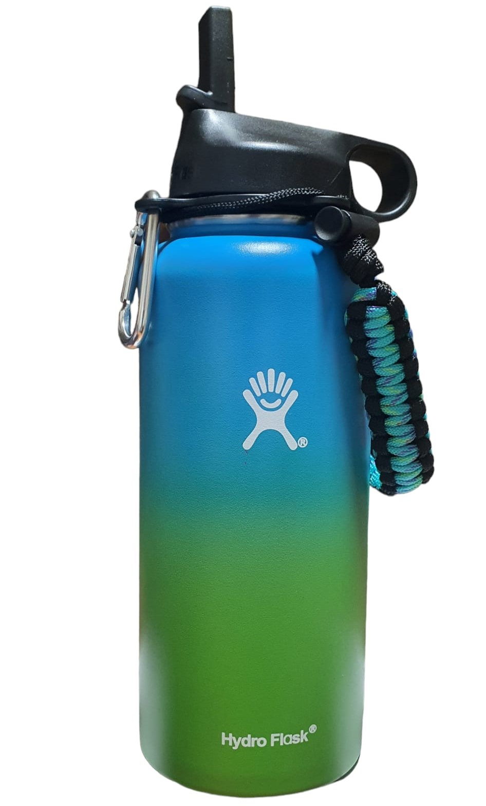 Sticla de apa Hydro Flask din otel inoxidabil si izolata in vid cu capac, sistem de prindere si pai 946 ml, albastru/verde
