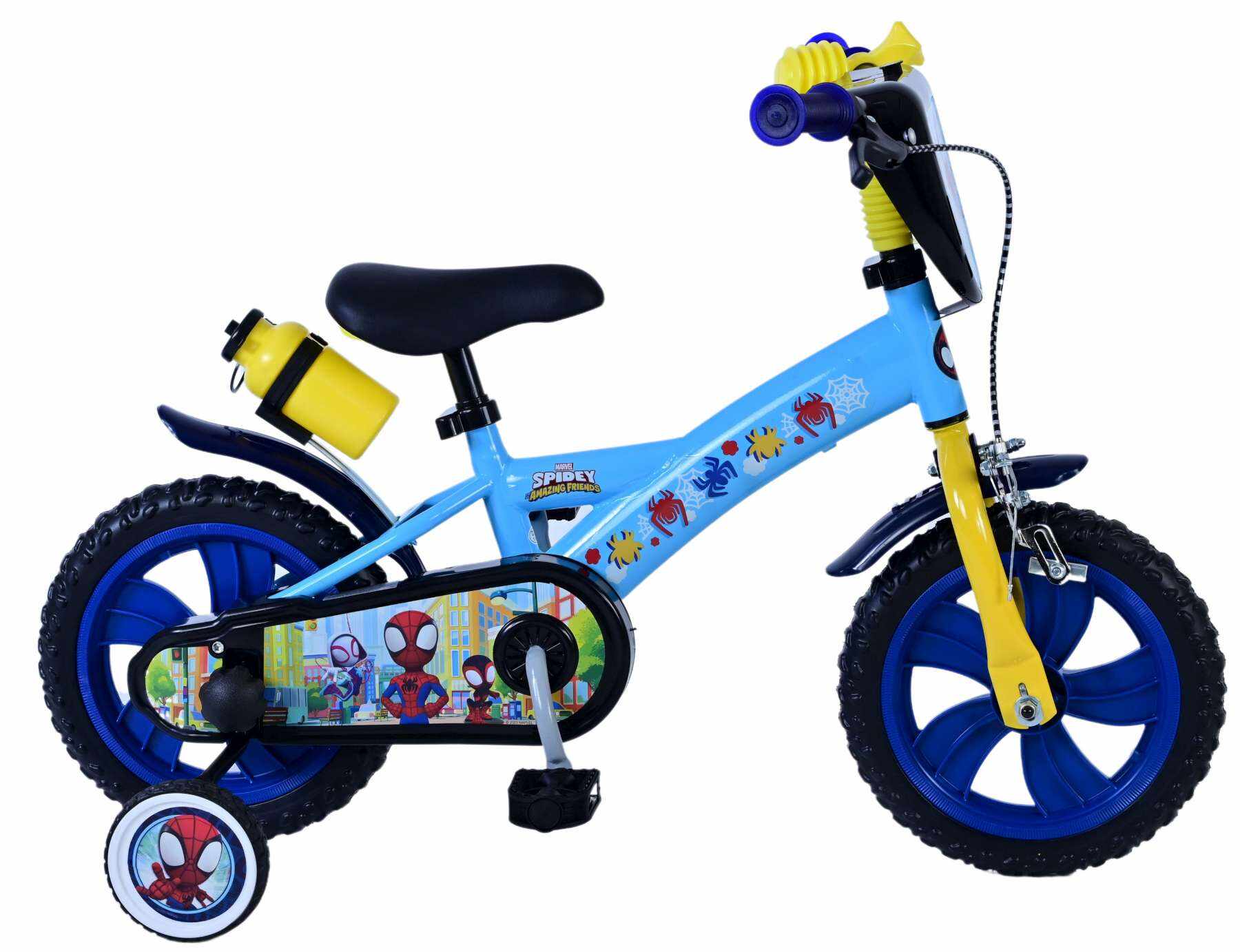 Bicicleta pentru baieti Disney Spidey, 12 inch, culoare albastru / galben, frana de mana fata si contra