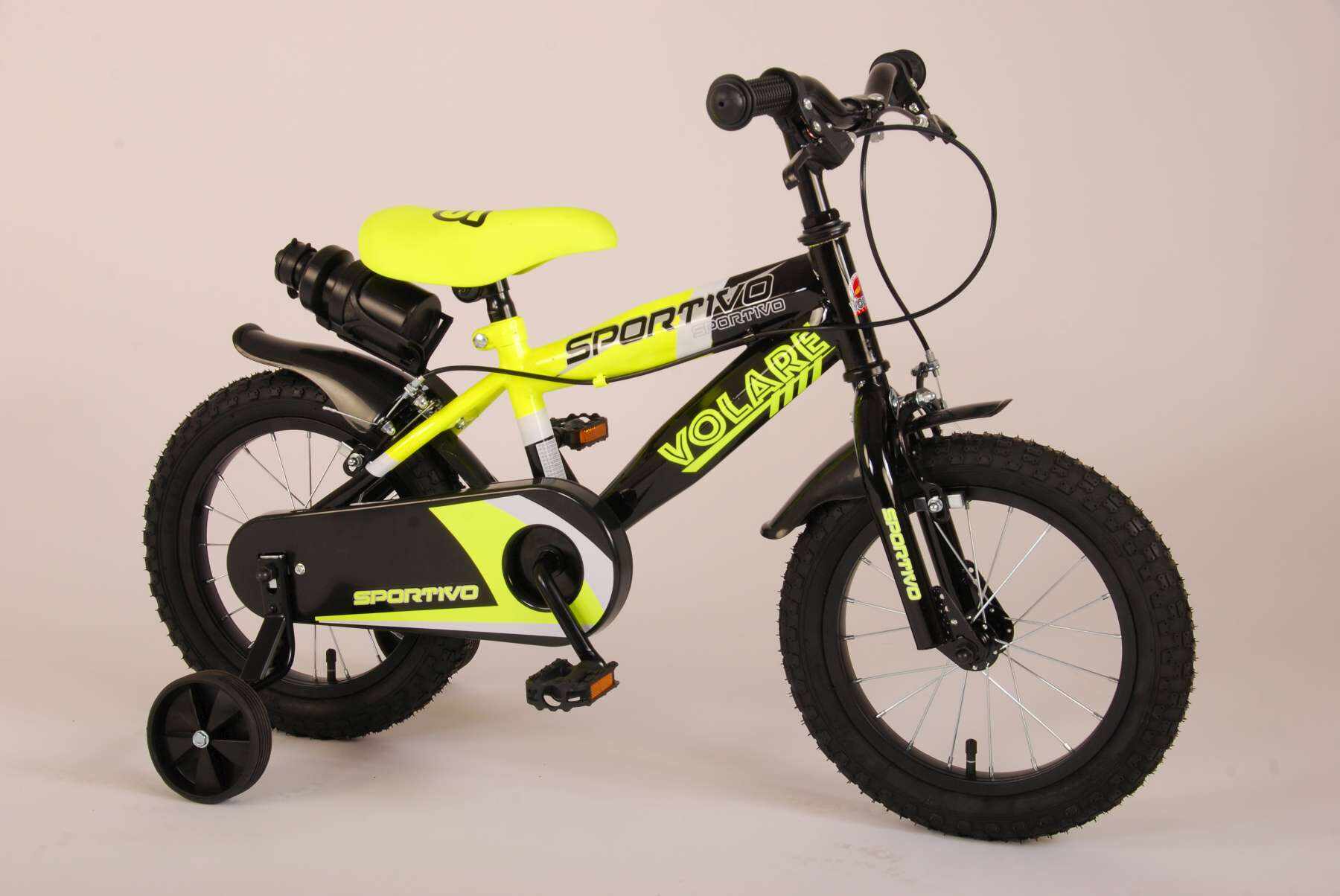 Bicicleta pentru baieti Volare Sportivo, 14 inch, culoare Negru/Galben neon, frana de mana fata - spate