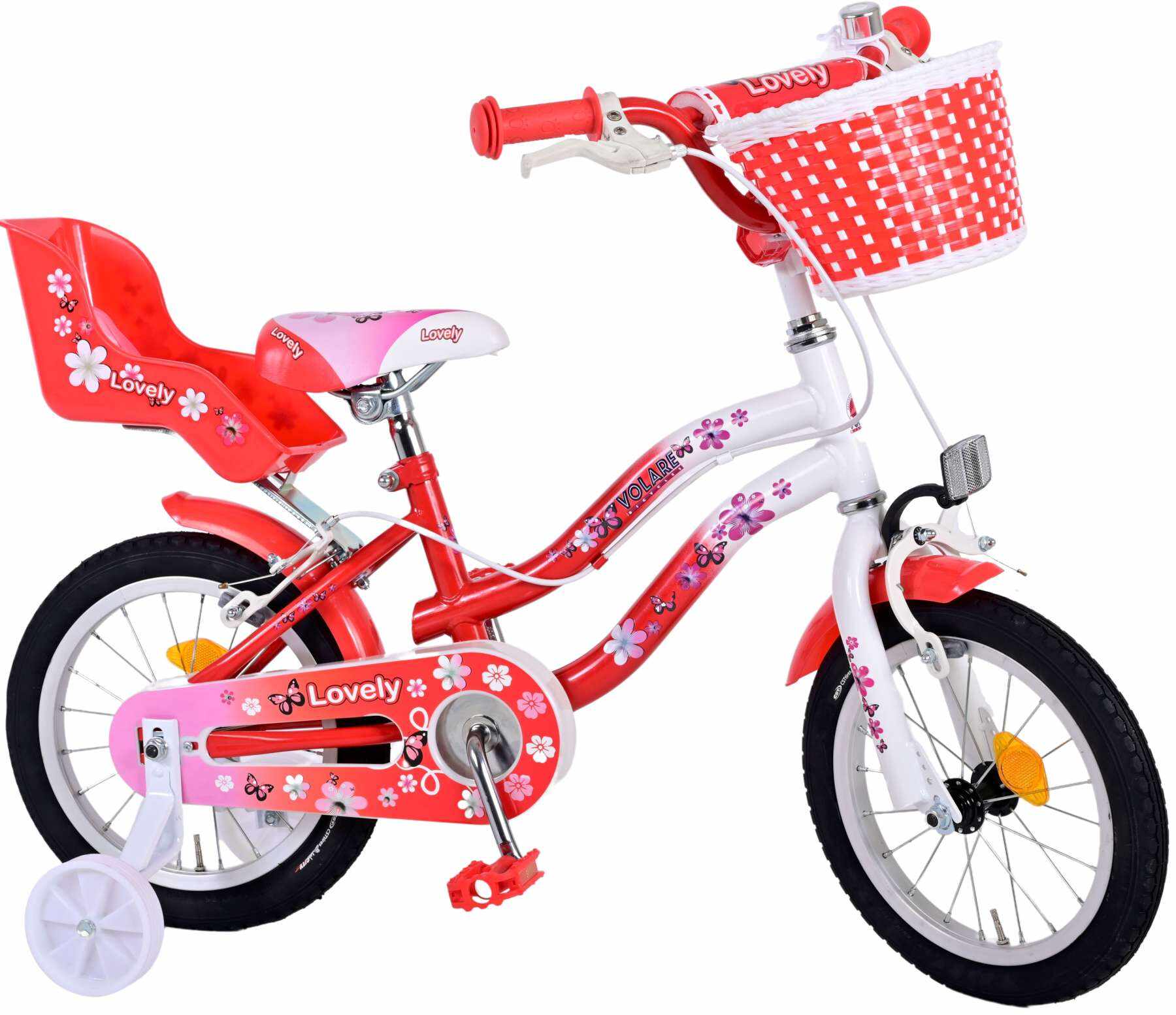 Bicicleta Volare Lovely pentru fete, culoare rosu/alb, 14 inch, frana de mana fata si spate