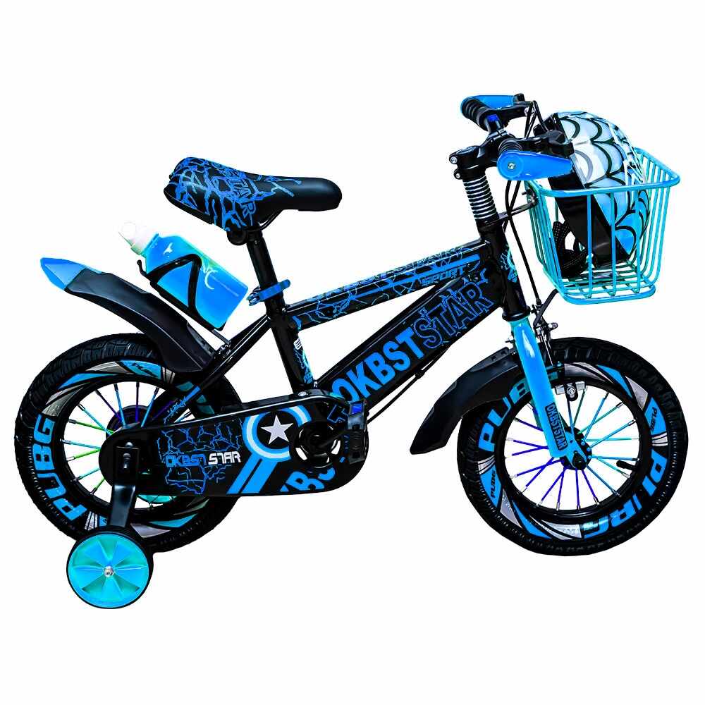 Bicicleta Go Kart 888,16 inch, pentru copii, 4-6 ani, roti ajutatoare , suport si bidon apa, cosulet,albastru