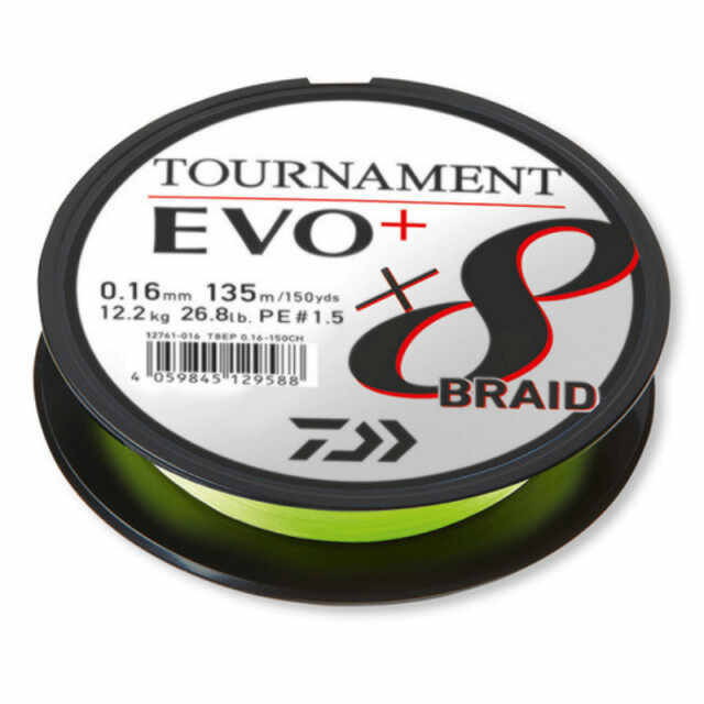 Fir textil Daiwa Tournament X8 BRAID EVO+, chartreuse, 135m (Diametru fir: 0.12 mm)