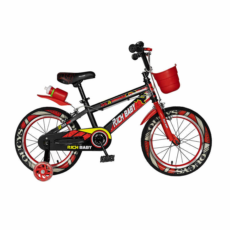 Bicicleta pentru copii Rich Baby, 14 inch, frane C-Brake, roti ajutatoare cu LED, maxim 30 kg, 3-5 ani, Negru/Rosu