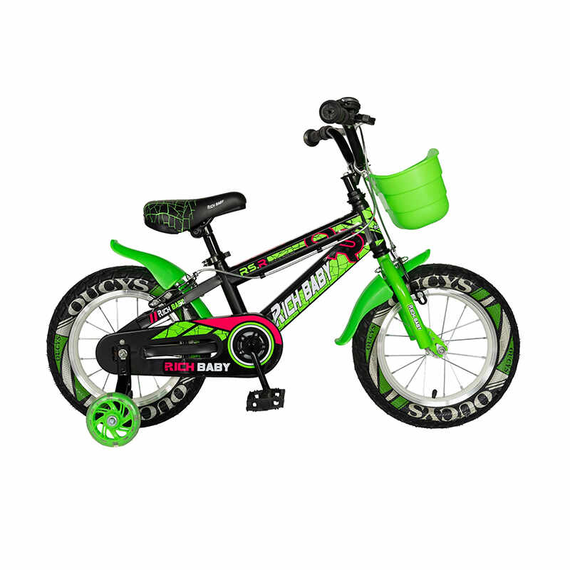 Bicicleta pentru copii Rich Baby, 14 inch, frane C-Brake, roti ajutatoare cu LED, maxim 30 kg, 3-5 ani, Verde/Negru